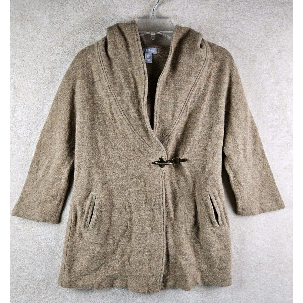 Kenar Women's 100% Wool Hooded 3/4 Sleeve Jacket Brown Size L